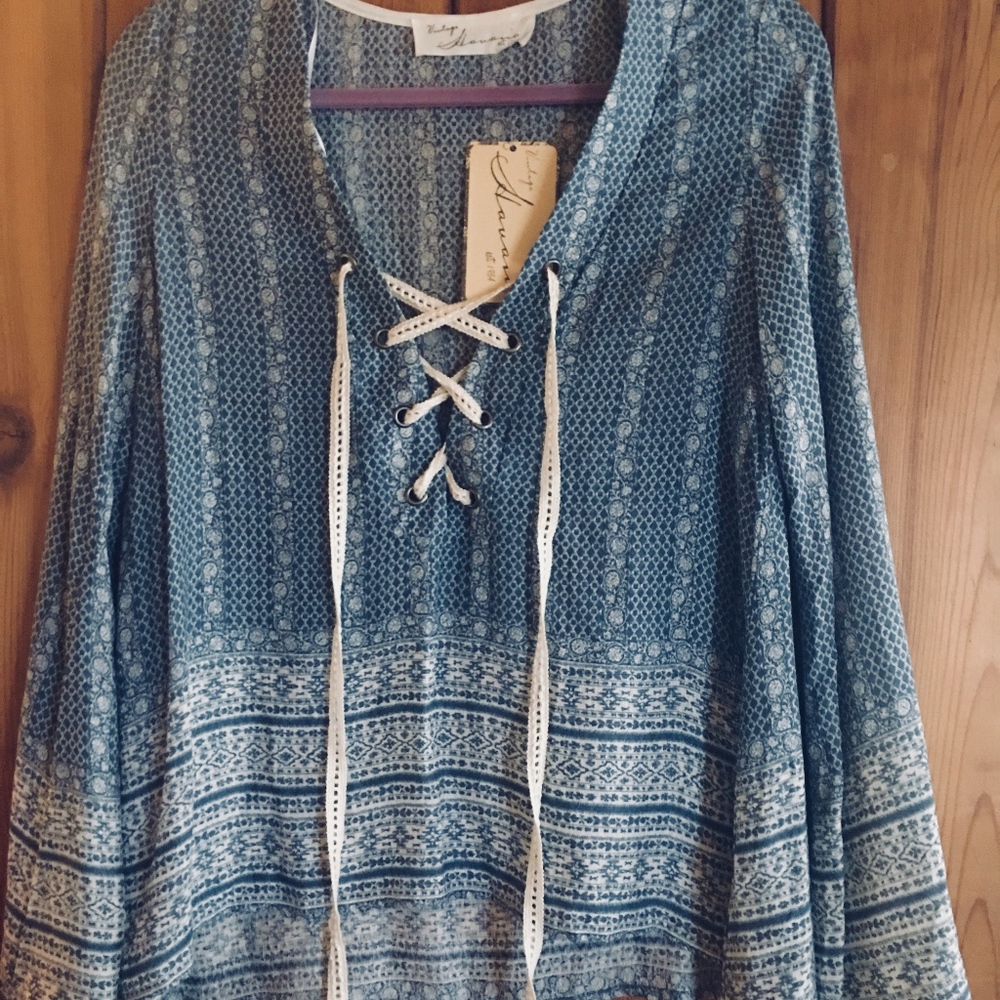 Vintage Havana Womens Boho Lace-Up Blouse